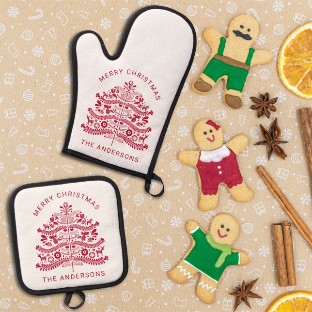 Red Scandinavian Folk Art Christmas Tree Oven Mitt & Pot Holder Set (Creator Uploaded)