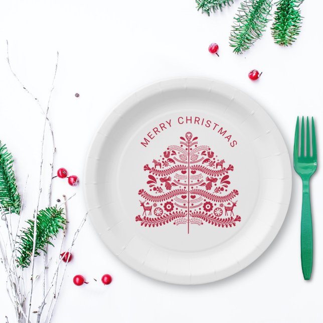 Red Scandinavian Folk Art Christmas Tree Paper Plate (Creator Uploaded)