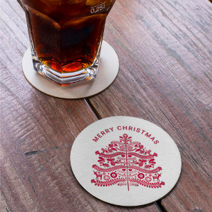Red Scandinavian Folk Art Christmas Tree Round Paper Coaster