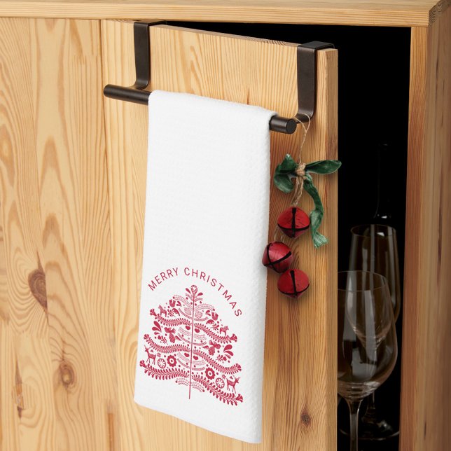 Red Scandinavian Folk Art Christmas Tree Tea Towel (Creator Uploaded)