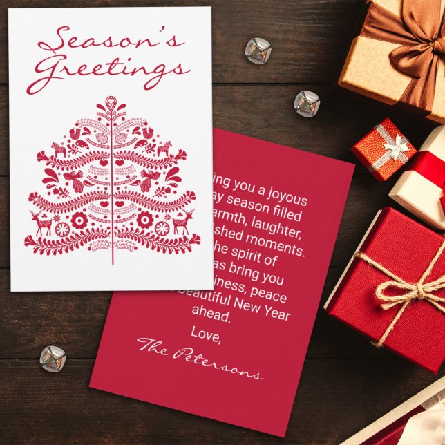 Red Scandinavian Folk Art Nordic Christmas Tree Holiday Card (Creator Uploaded)