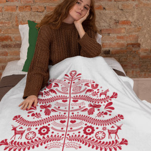 Red Scandinavian Folk Art Nordic Christmas Tree Sherpa Blanket