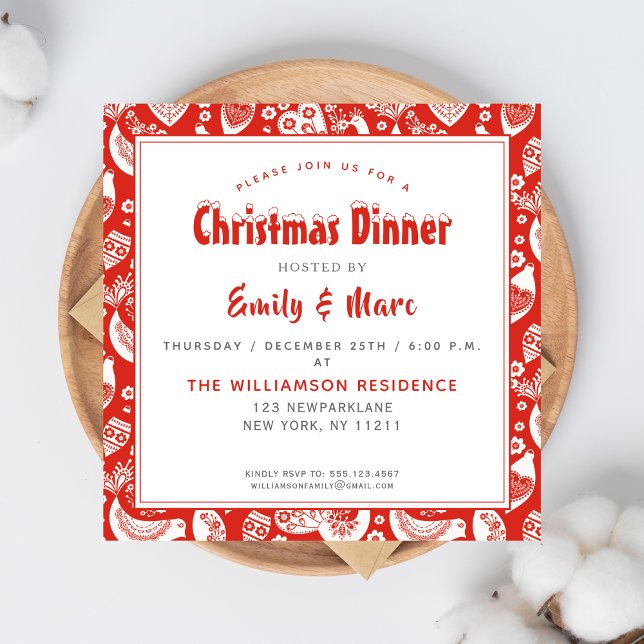 Red Scandinavian Folkart Pattern w Birds Christmas Invitation (Creator Uploaded)