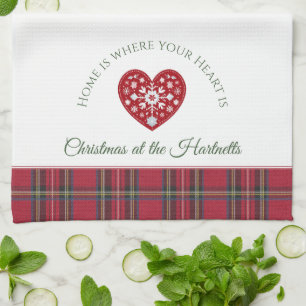 Red Scandinavian Heart Personalised Name Christmas Tea Towel