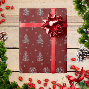 Red Scandinavian Nordic Christmas Trees Snowflakes Wrapping Paper