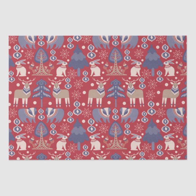 Red Scandinavian Winter Reindeer Rabbit Tissue Paper (Front)