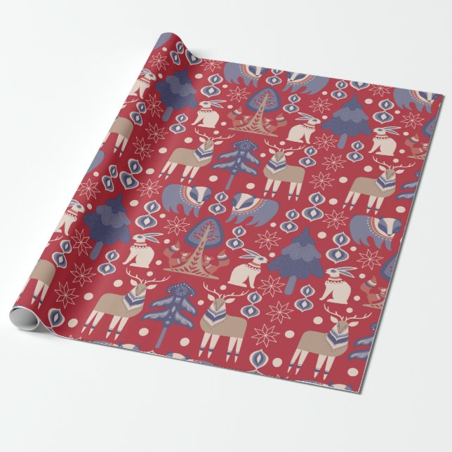 Red Scandinavian Winter Reindeer Rabbit Wrapping Paper (Unrolled)