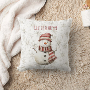 Red Scarf Hat Snowman Snowflakes Christmas Cushion