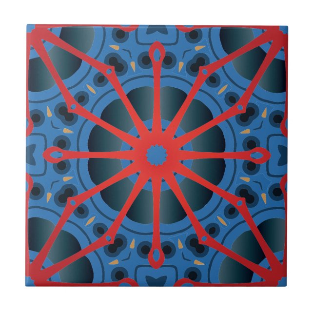 Red Scarlet and Blue Indigo Ethnic Boho Pattern Ceramic Tile (Front)