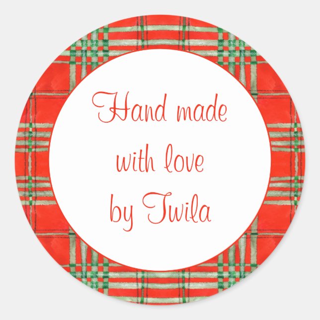 RED SCOTT TARTAN 3" Round "Hand Made" Stickers (Front)