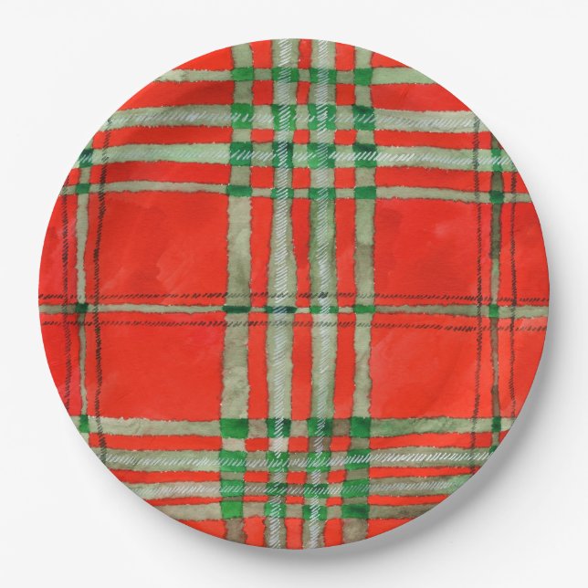 RED SCOTT TARTAN 9" Round Paper Plates (Front)
