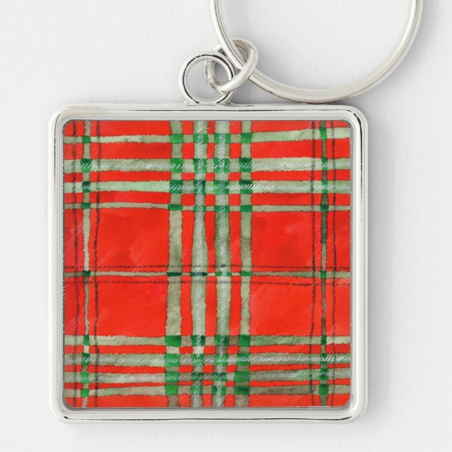 RED SCOTT TARTAN Premium Square Keychain (Front)