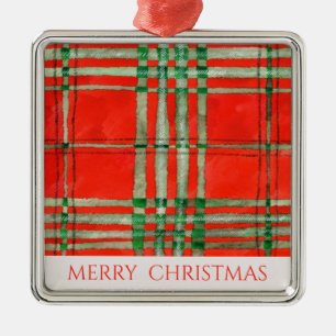 RED SCOTT TARTAN Premium Square Ornament + Text