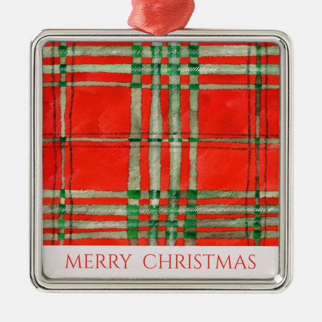 RED SCOTT TARTAN Premium Square Ornament + Text (Front)