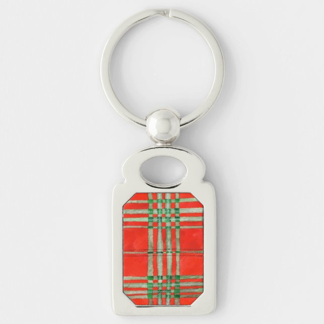 RED SCOTT TARTAN Rectangle Metal Keychain (Front)