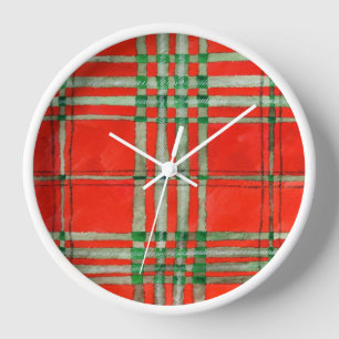 RED SCOTT TARTAN Round White Frame Wall Clock