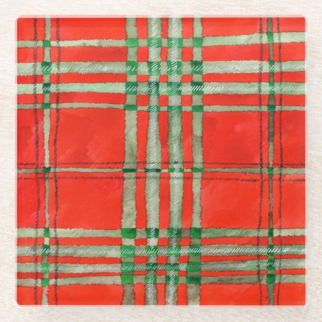 RED SCOTT TARTAN Square Glass Coaster (Front)