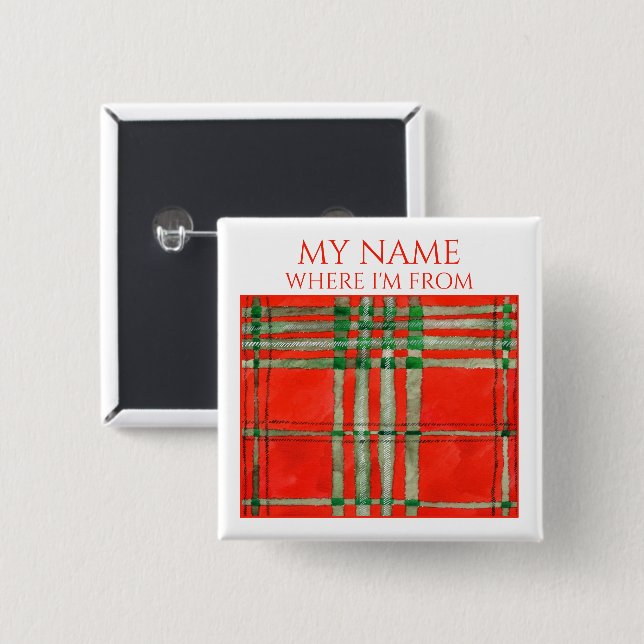 RED SCOTT TARTAN Square Name Tag Pin Button (Front & Back)