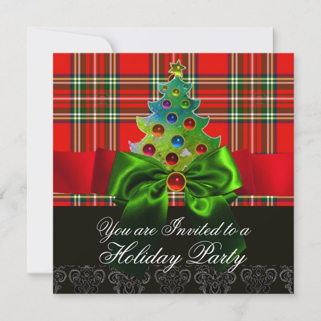 RED SCOTTISH TARTAN ,GREEN BOWS AND CHRISTMAS TREE INVITATION (Front)
