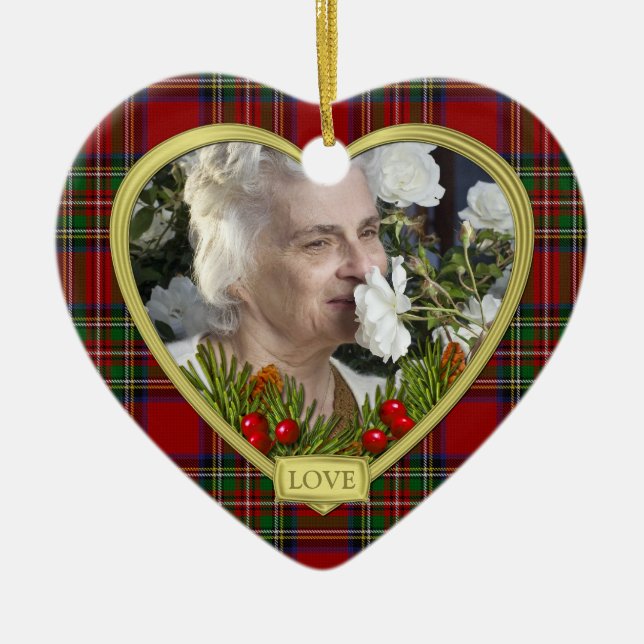 Red Scottish Tartan Memorial Heart Photo Christmas Ceramic Ornament (Front)