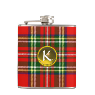 RED SCOTTISH TARTAN,YELLOW TOPAZ GEMSTONE MONOGRAM HIP FLASK