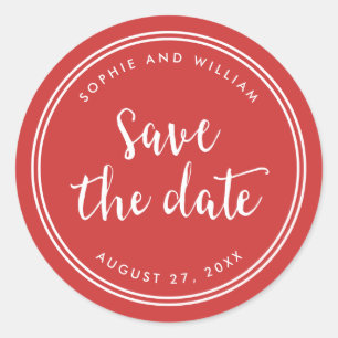Red Script and White Stripes Save the Date Classic Round Sticker