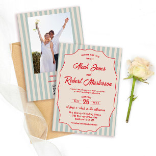 Red Script Blue Stripe Retro QR Code Photo Wedding Invitation