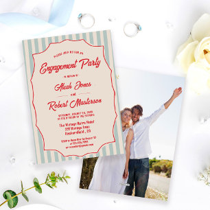 Red Script Blue Stripes Retro Photo Engagement Invitation