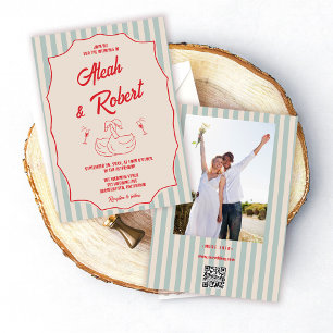 Red Script Blue Stripes Retro Photo Wedding Invitation