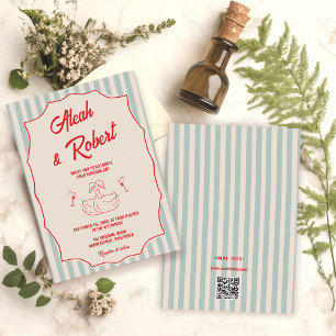 Red Script Blue Stripes Retro Wedding Invitation