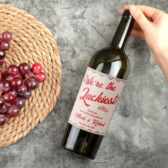 Red Script Blue Stripes Retro Wedding Wine Label (Creator Uploaded)