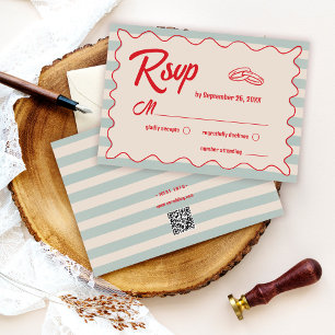 Red Script Blue Watercolor QR Code Retro Wedding RSVP Card