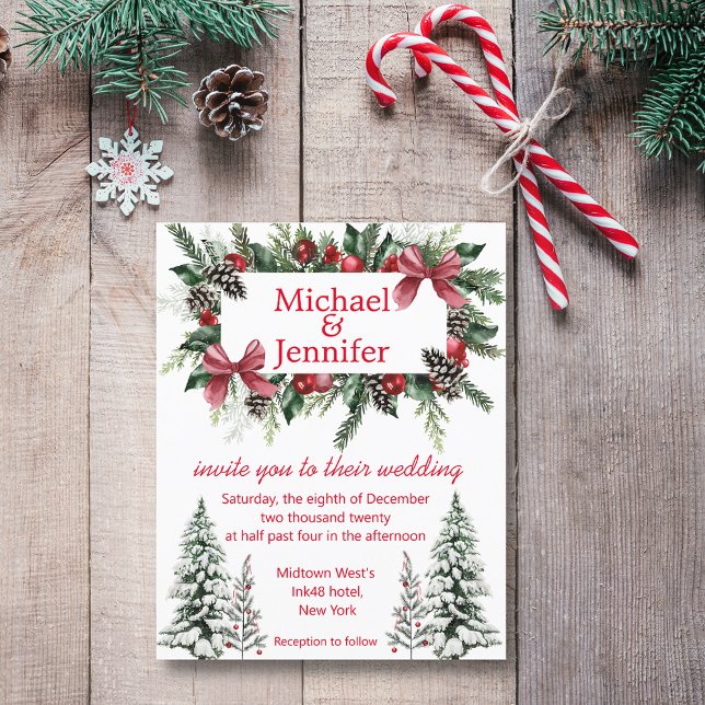  red script christmas greenery wedding invitation  (christmas vintage wedding invitation)