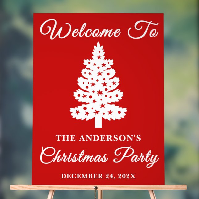 Red Script Christmas Holiday Party Welcome Acrylic Sign (Neutral)