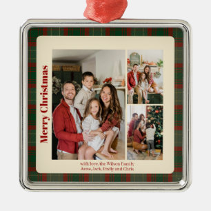 Red Script Classy Plaid 3 photos Christmas Metal Ornament