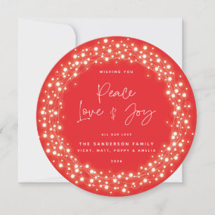 Red Script Font Peace Love+Joy Sparkling Lights Holiday Card