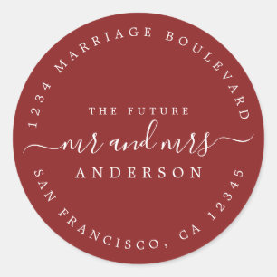 Red Script Future Mr Mrs Return Address Classic Round Sticker
