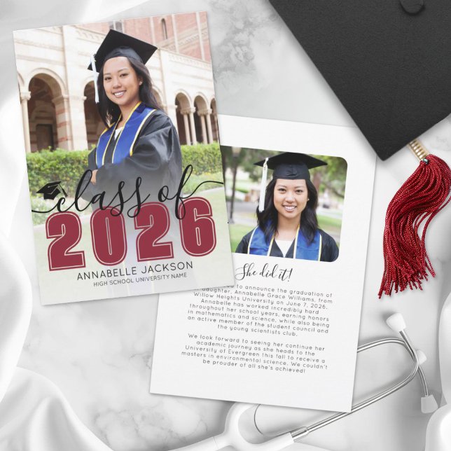 Red Script Graduate Photo Graduation Announcement (Simple Red Script Graduate Photo Graduation Announcement)
