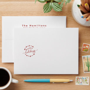 Red Script Happy Holidays Wreath Return Address    Envelope