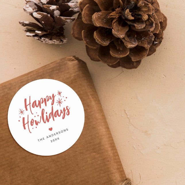 Red Script Happy Howlidays Pet Christmas Classic Round Sticker (Creator Uploaded)