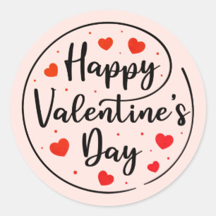 Red Script Happy Valentine's Day with Hearts Classic Round Sticker