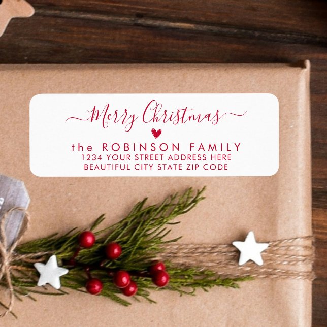 Red Script Heart Christmas Return Address Label (Creator Uploaded)