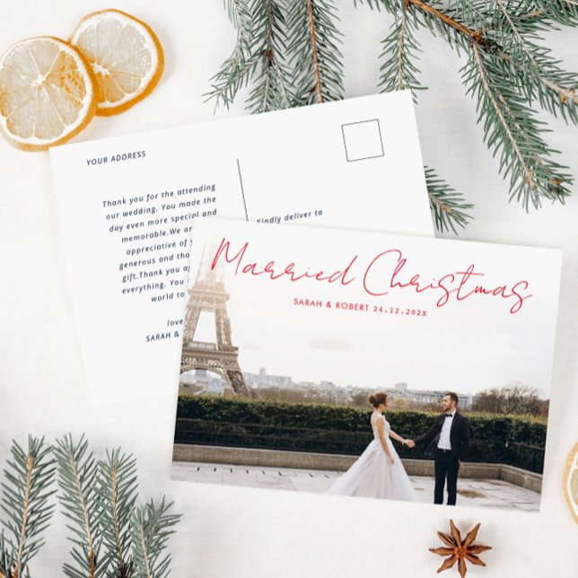 red script holiday wedding announcement postcard (Creator Uploaded)