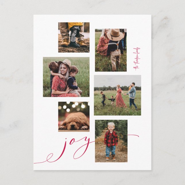Red Script Joy Multi-Photo Holiday Postcard (Front)