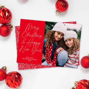 Red Script Merry Christmas & Happy New Year Photo Holiday Card