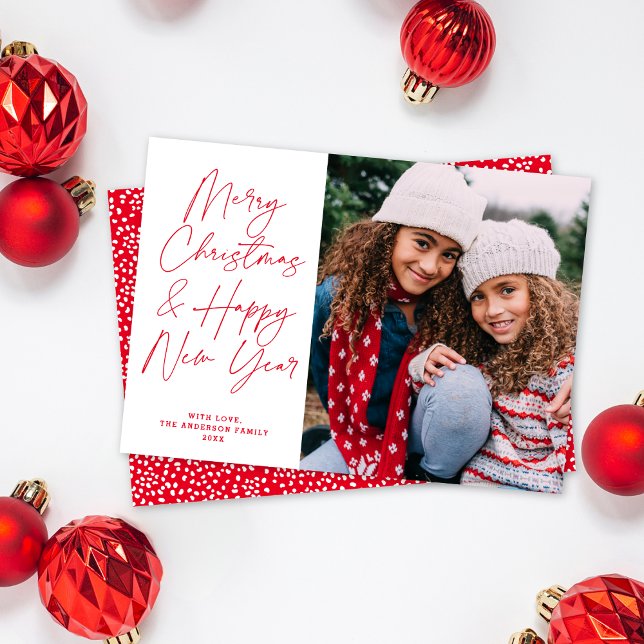 Red Script Merry Christmas & Happy New Year Photo Holiday Card (Creator Uploaded)