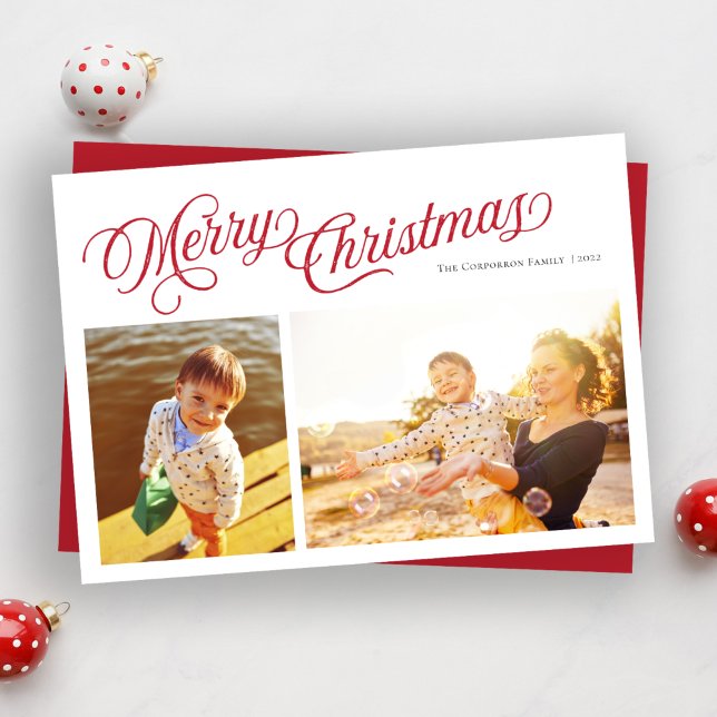 Red Script Merry Christmas Overlay 2 photo holiday Card (Creator Uploaded)