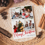 Red Script Merry Christmas Vertical 4 Photo Holiday Card<br><div class="desc">Celebrate the season with this festive red script Merry Christmas vertical 4 photo holiday card featuring a touch of elegant charm. The chic design showcases a simple red-and-white colour palette, evoking the cosy spirit of winter. Its modern and unique appeal and rustic wording create a perfect balance between seasonal and...</div>