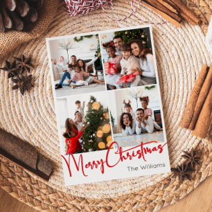Red Script Merry Christmas Vertical 4 Photo Holiday Card