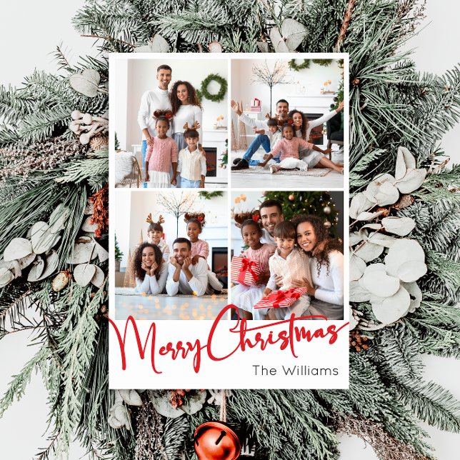 Red Script Merry Christmas Vertical 7 Photo Holiday Card (Creator Uploaded)